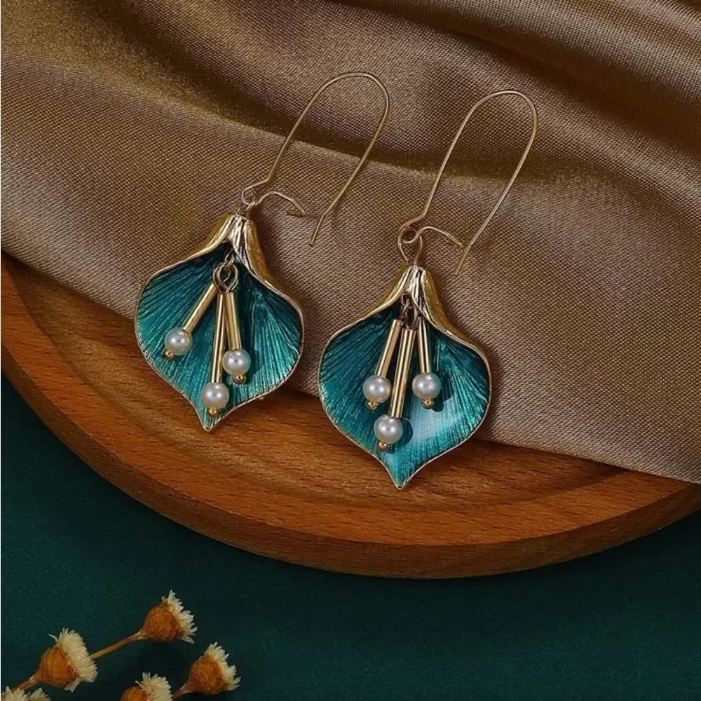 Anthropologie Gold Teal Leaf Earrings - Picture 2 of 5